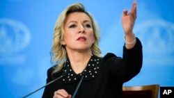 Russia - Russian Foreign Ministry spokeswoman Maria Zakharova gestures while Russian Foreign Minister Sergey Lavrov's annual news conference in Moscow, January 18, 2023.