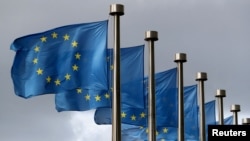 FILE PHOTO: EU flags flutter in front of the European Commission headquarters in Brussels